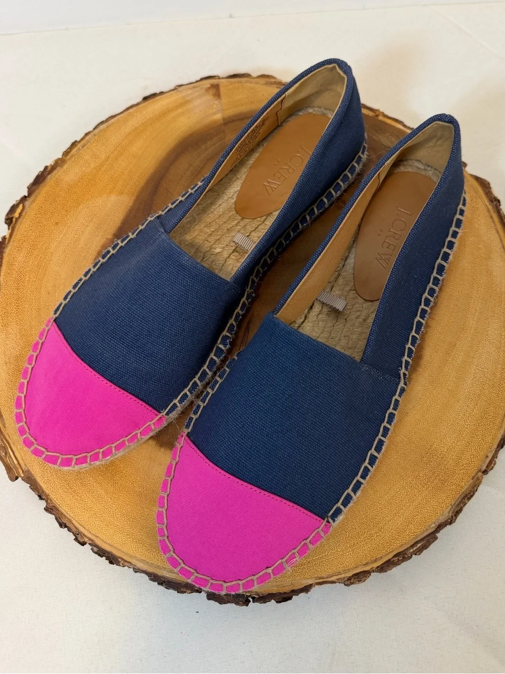 J. Crew Navy Canvas Espadrilles Pink Toe Cap Slip On Braided Jute Women’s 7.5‎